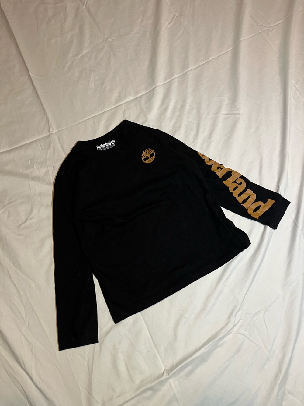 Timberland Black Long Sleeve Tee with Gold Logo and Sleeve Script